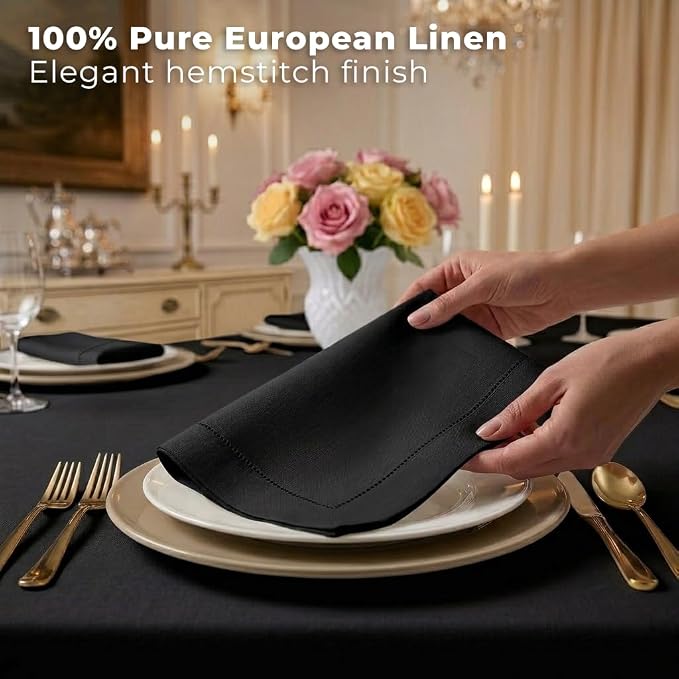 Signature Linen™ by D'Moksha Black Dinner Napkins Set of 4, 20 x 20 Inch Cloth Napkins, 100% Pure Linen, Hemstitch, Machine Washable Table Napkins- Summer, Weddings, Outdoor hostings - Image 3