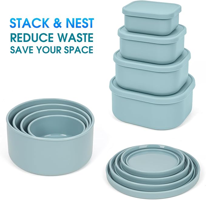 100% Silicone Food Storage Containers with Lids, 8 Pack, 10oz to 51oz, Reusable Leakproof Nesting & Stackable Silicone Bento Lunch Box, Microwave Freezer Dishwasher Oven Safe, BPA Free, Slate Green - Image 4