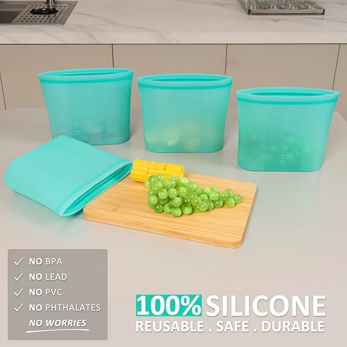 Large Reusable Storage Bag, 4 Pack 100% Silicone Food Storage Bags Stand Up Silicone Zip Lock Bags for Food Container, Freezer Microwave Oven Dishwasher Safe, Aqua, 50.7oz/ 1500ml - Image 2