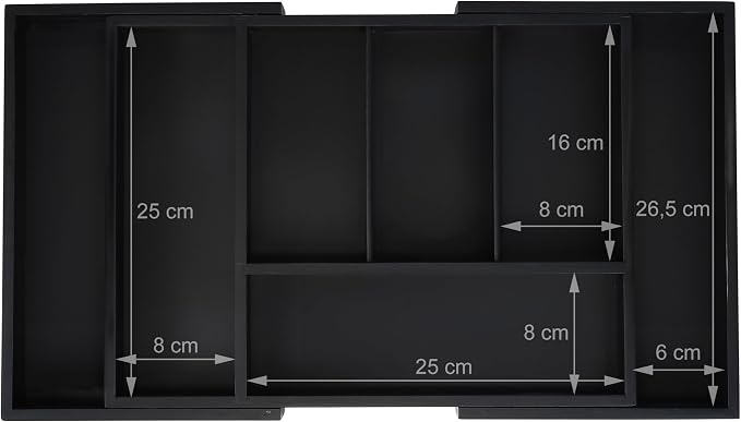 Relaxdays Cutlery Tray, Extendable Insert, 5 to 7 Compartments, Drawer Organiser, Bamboo & MDF, Utensils Storage, Black, Fibreboard, 5 x 49 x 28 cm - Image 6