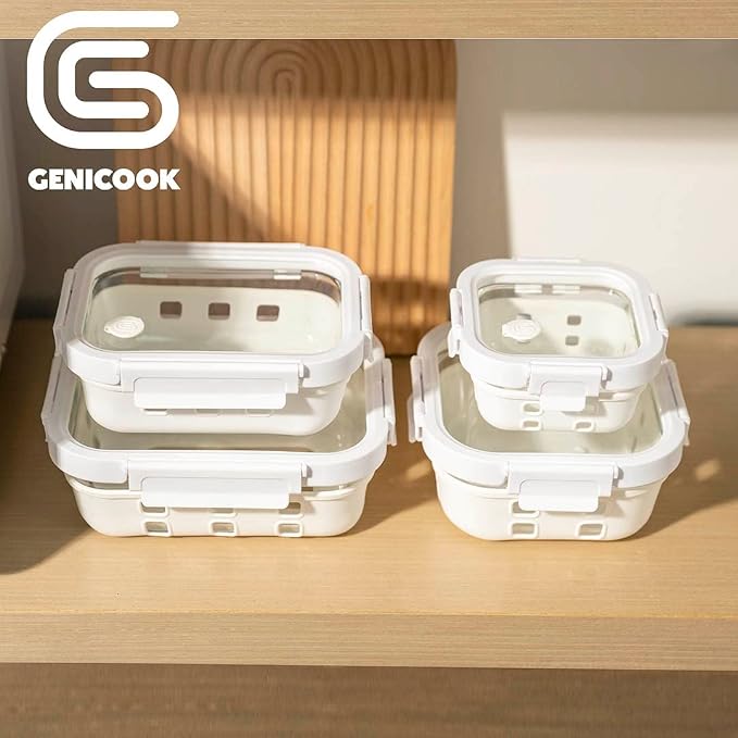 Glass Food Storage Meal Prep Containers - Food Grade Silicone Wrap & Air Release Vent, Rectangular shape - 8 Pc Set (4 Containers - 4 Matching Lids) - Image 2