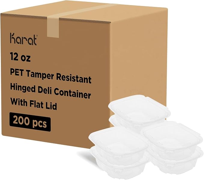 Karat 12oz PET Tamper Resistant Hinged Deli Container [200 ct] - Plastic Clamshell Food Containers, Easy Open Pull-Tab for Restaurants & Takeout by Karat