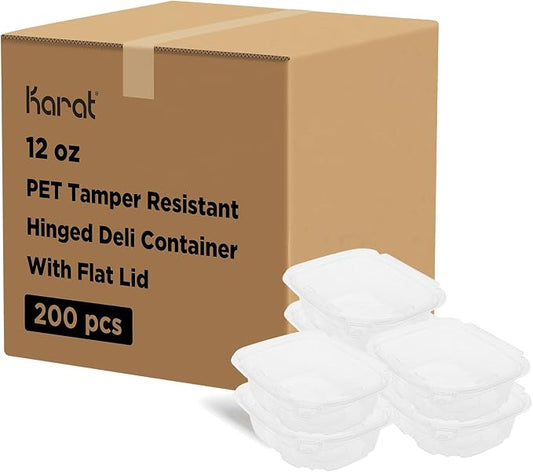 Karat 12oz PET Tamper Resistant Hinged Deli Container [200 ct] - Plastic Clamshell Food Containers, Easy Open Pull-Tab for Restaurants & Takeout by Karat
