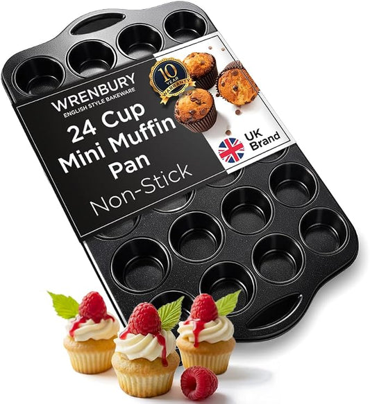 Wrenbury 24-Cup Mini Muffin Pan - PFOA-Free Non-Stick, Premium Carbon Steel | 1.8" Cups, Dishwasher Oven and Freezer Safe, Heavy Gauge by Wrenbury