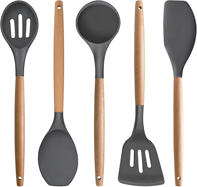 Silicone Cooking Utensils Set 5-Piece Non-Stick Kitchen Utensil Set, Wood Handle Heat Resistant Spatula Spoon Turner Soup Ladle Silicone Cooking Kitchen Gadgets BPA Free for Nonstick Cookware by IOCBYHZ