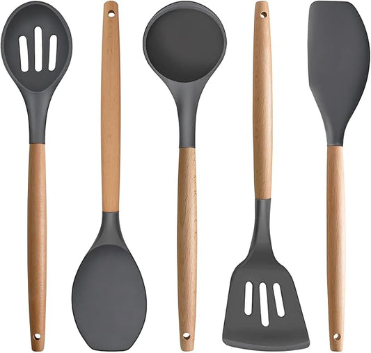 Silicone Cooking Utensils Set 5-Piece Non-Stick Kitchen Utensil Set, Wood Handle Heat Resistant Spatula Spoon Turner Soup Ladle Silicone Cooking Kitchen Gadgets BPA Free for Nonstick Cookware by IOCBYHZ