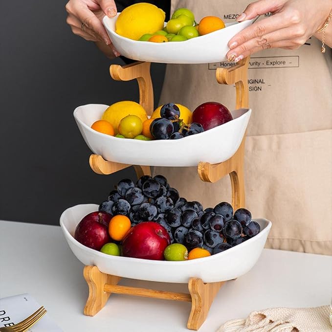 3 Tier Fruit Bowls For Kitchen Counter, Ceramic Fruit Basket Stand | Wooden Fruit Serving Tray, Large Capacity, Snacks Nuts Cake Storage Holder for Party (White porcelain) - Image 3