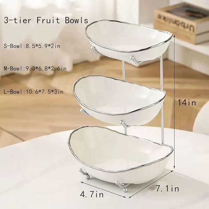 3-Tier Fruit Bowls for Kitchen Counter,Ceramic White Bowl with Sliver Metal Stand,3 Tier Fruit Basket for Fruit,Snack,Cake,Nuts,Dessert Storage - Image 2