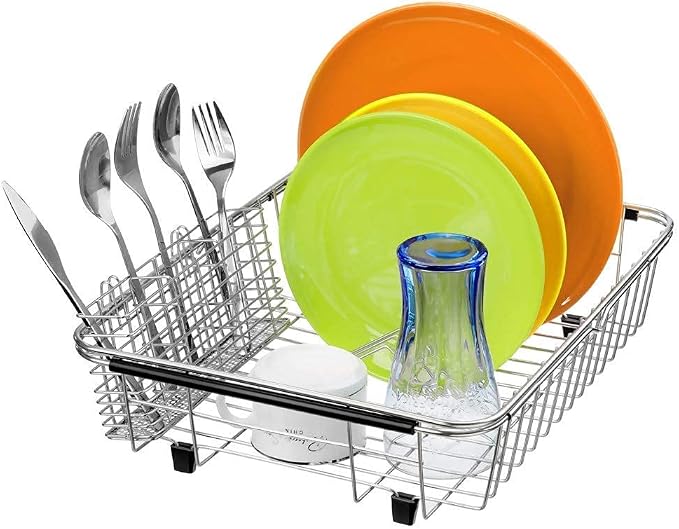 SANNO Dish Drying Rack with Stainless Steel Utensil Holder Large Dish Rack Drainer Lid Organizer Plate Drying Rack, Lid Holder Kitchen Pot Lid Rack Holder - Image 4