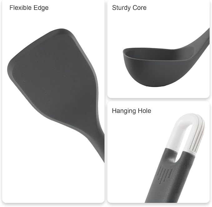 Silicone Kitchen Cooking Utensils Set: MOACC Heat Resistant 13inch Long Kitchen Gadgets, BPA Free Non Stick Rubber Cook Accessories For Food Prep, Frying, Serving, Basting (Dark Grey) - Image 6