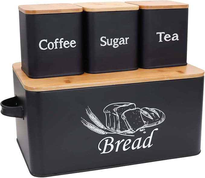 SOTECH Bread Box with 3pcs Jars Coffee Sugar Tea for Kitchen Countertop White Metal Bread Box with Bamboo Board Cover Pastry Storage Container Set Kitchen decor (Bread box-1) - Image 6