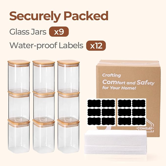 ComSaf Square Glass Containers With Lids 1.2 Qt, Set of 9 Pantry Galss Jars | Food Storage Jar, Kitchen Canisters, Storage Container, Bamboo Lid with Silicone Seal, Cookie, Flour, Spice, Coffee, BPA Free - Image 7