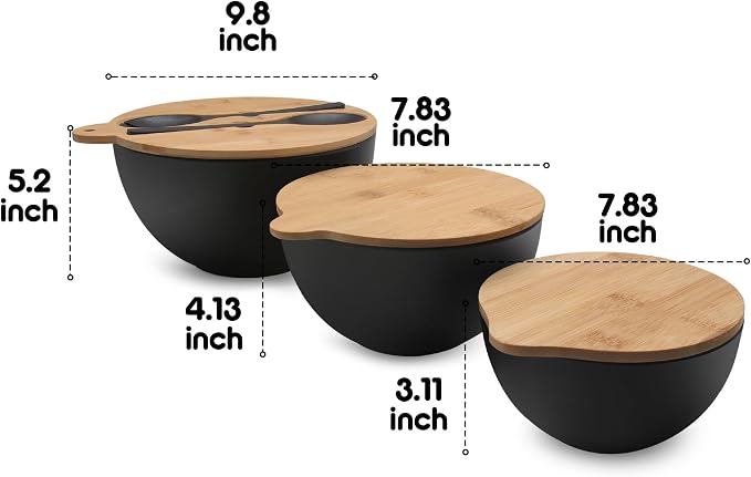 ECOWAY Salad Bowls Set of 3 with Seal Lid & Serving Utensils, Bamboo Fiber Mixing Bowls Set Large Serving Bowls & Storage Set with Bamboo Lid for Salad, Kitchen Eating, Pasta, Popcorn, Fruit, Black - Image 4