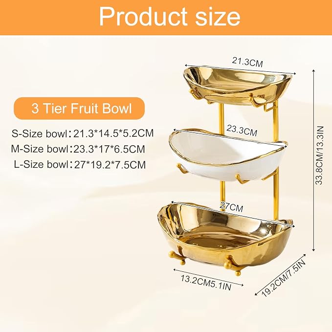 3 Tier Fruit Bowl for Kitchen Counter,Ceramic Bowl with Gold Metal Stand,3 Tier Fruit Basket for Vegetable Bread Candy Snack Nuts Dessert Cake Tray (Gold) - Image 2