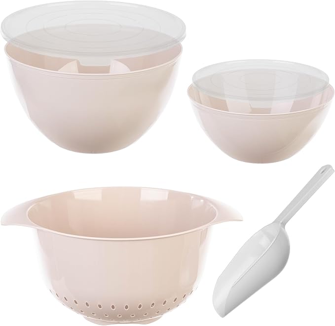 KADAX Plastic Bowl Set - Mixing Bowls with Lids 1.5L & 3L, Scoop & 3.5L Kitchen Strainer - Stackable Kitchen Accessories for Baking, Cooking, Washing & Storing - Image 4