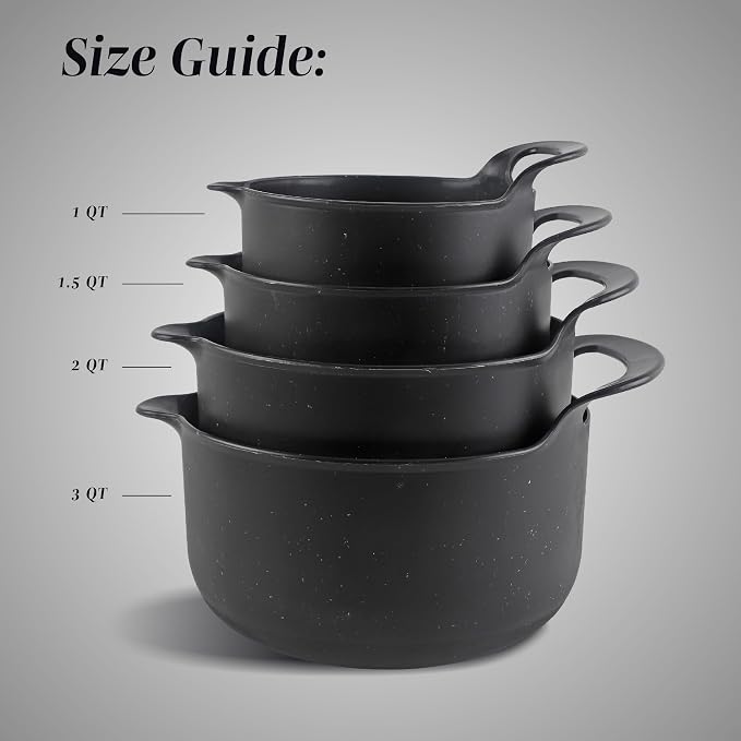 COOK WITH COLOR Nesting Plastic Mixing Bowl Set with Pour Spouts and Handles, Black Speckled, 4 Piece Non-Slip - Image 2