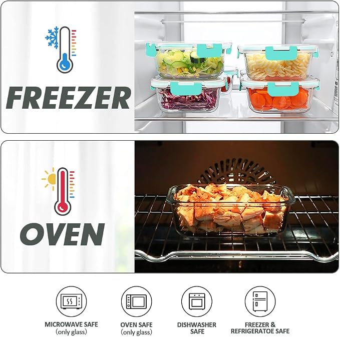 VERONES 12 Packs Glass Food Storage Containers Set with Lids, Green | Airtight Glass Lunch Containers, Glass Meal Prep Containers with Lids, for Microwave, Oven, Freezer & Dishwasher Friendly - Image 4