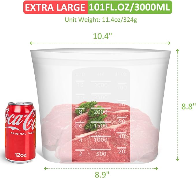 Reusable Storage Bags Extra Large, 0.8 Gallon/101 fl.oz/3000 ml, 4 Pack 100% Silicone Food Storage Bags Stand Up Zip Lock for Large Food Items, Freezer Microwave Oven Dishwasher Safe, Translucent - Image 3
