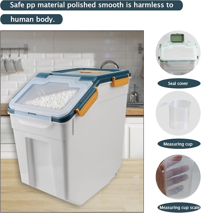 AnRui Large Flour Storage Containers 25Lbs Airtight Rice Storage Container BPA Free Kitchen Pantry Food Storage Bin Sugar Snack Cereal Grain Organizer Box with Wheel, Scoop, 4Pack, Blue - Image 4