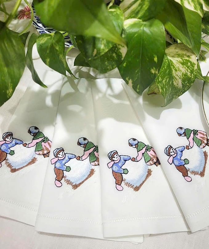 Embroidered Children Play with Snow Design Cloth Napkins Set of 6, 17"x17" Hemstitch Table Napkins Dinner Napkin Machine Washable for Dining Room, Daily & Holidays, Events, Great Present Ideas - Image 9