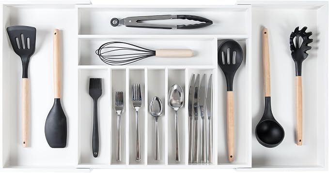 Silverware & Utensil Drawer Organizer, 18-33 in, White Bamboo | Cutlery, flatware, food-safe contract grade, kitchen drawer fit by KitchenEdge