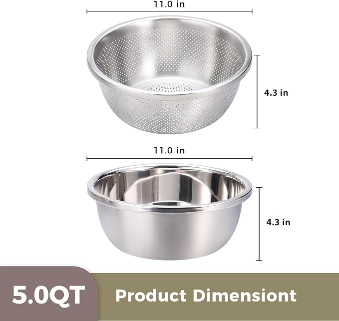 Colander and Bowl Set 5.0QT (2-in-1) - Thickened 304 Stainless Steel Kitchen Strainer Bowl for Fruit, Pasta, Vegetables, Rice - Heavy Duty, Induction Cooker & Dishwasher Safe - Image 3