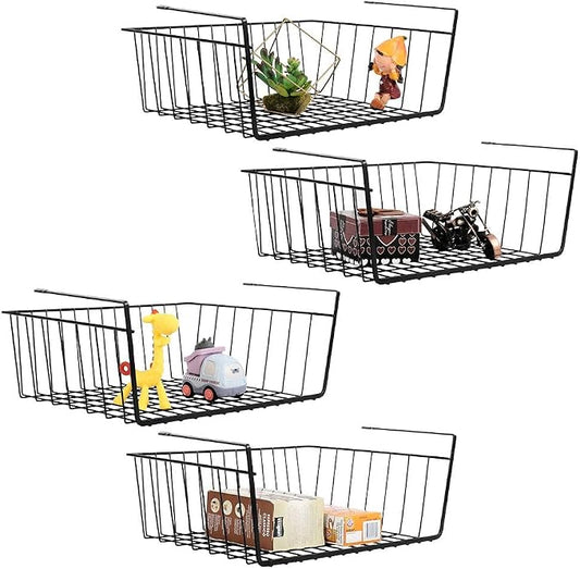 Neala Under Shelf Basket 4 Pack Hanging Under Shelf Storage Organizer Black Metal Wire Grid Under Table Shelf Storage Basket Rack for Pantry Cabinet Desk Bookshelf Office Closet by Neala