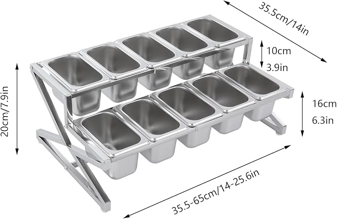 Expandable Stainless Steel Spice Rack Set,14"-25.6" Adjustable Countertop Seasoning Containers, 2-Tier Inclined Organizer Shelf w/ 10 1/9 Pans for Sauce Ingredients Fruits Toppings (10 Pans) - Image 5