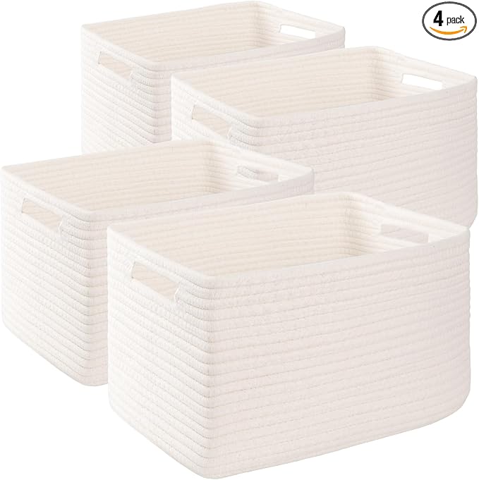 4 Pack Storage Baskets for Organizing, Woven Baskets for Shelves - Perfect for Toys, Books, Towels, and Clothes, Durable Gift Basket Bins Toy Storage, 15.7''Lx11.8''Wx7.8''H, White by SIXDOVE