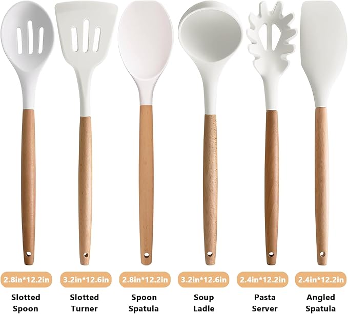 Kitchen Cooking Utensils Set 6Pcs Non-Stick Silicone Kitchen Utensils Spatula Spoon Turner Ladle Pasta Server, Heat Resistant Wooden Handle Silicone Cooking Gadgets Sets for Cookware & Baking - Image 3