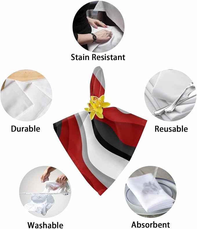 Modern Red Black Cloth Napkins Set of 4 - Washable Dinner Napkins Reusable Table Napkins for Home Party Weeding Dining Table Setting Decoration, Oversized 20"x20" Ocean Waves Geometric Grey White - Image 6