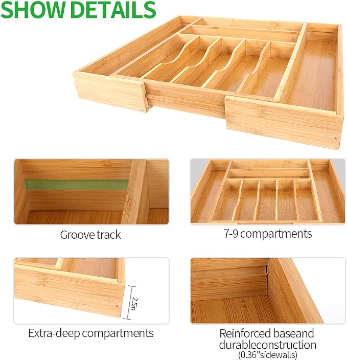 Aikang Bamboo Kitchen Drawer Organizer - Expandable Silverware Organizer/Utensil Holder and Cutlery Tray with Grooved Drawer Dividers for Flatware and Kitchen Utensils (Natural) - Image 5