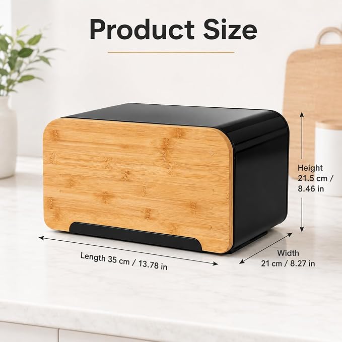 Bread Box, Black Metal Bread Storage Container with Bamboo Lid Usable as Cutting Board, Large Breadbox Holder for Kitchen Countertop, Bread Keeper for Loaves, Bagels, Pastries and Rolls - Image 6