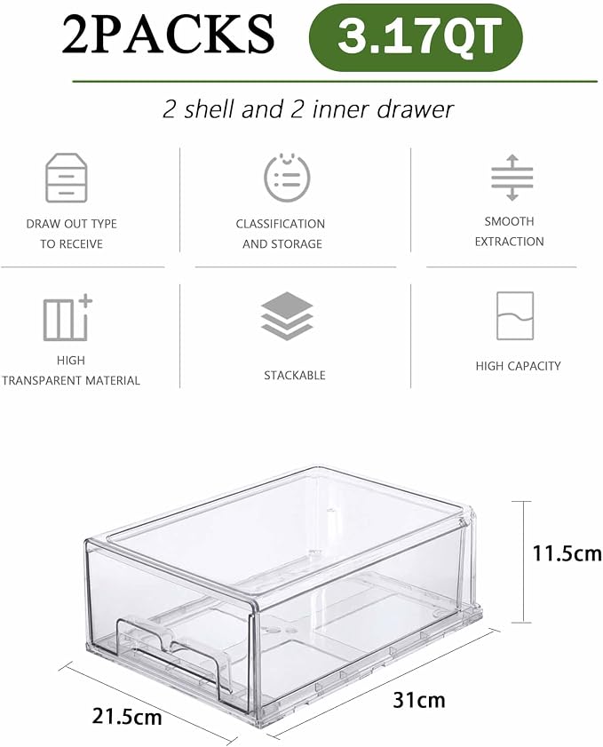 bealy 2 Pack Stackable Clear Drawer Organizer, Large Pull Out Fridge Organizers and Storage Container, Refrigerator Organizers and Storage for Fruit, Produce, Vegetables, Drinks, Snack and Food - Image 3