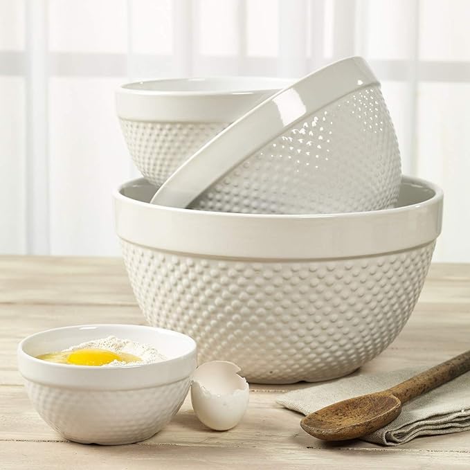 Tabletops Gallery Hobnail Style 4 Piece Classic White Stoneware Nesting Mixing Bowl Set for Baking and Cooking - Image 5
