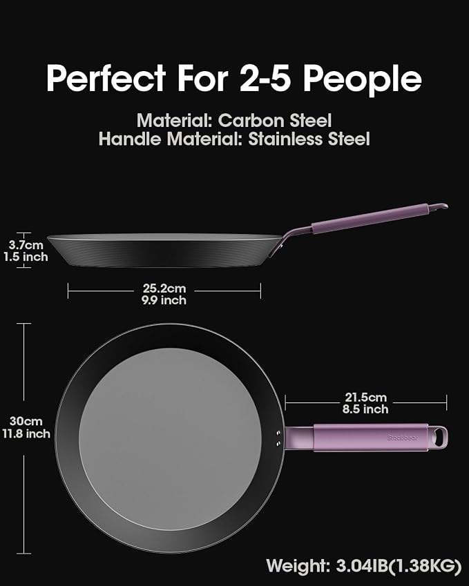 Carbon Steel Skillet 12 Inch, Nitrided Steel Frying Pan, Preseasoned Rust Resistant Large Cooking Pan with Ergonomic Handle & Removable Silicone Grip, Induction & Oven Safe | Natural Patina Development with No Chemical Coating; Spacious Cooking Surface... - Image 2