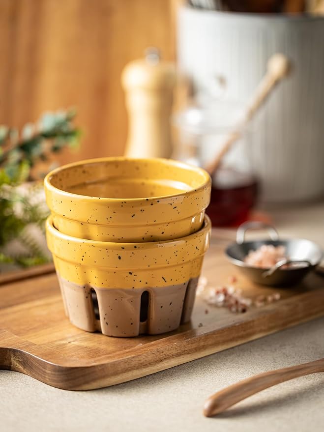 Gomakren Ceramic Berry Bowls with Holes Set of 2 for Fridge Yellow + Brown | Drain holes keep berries fresh, stackable, wash & serve, round strawberry basket for fridge kitchen counter, lovely home gift - Image 8
