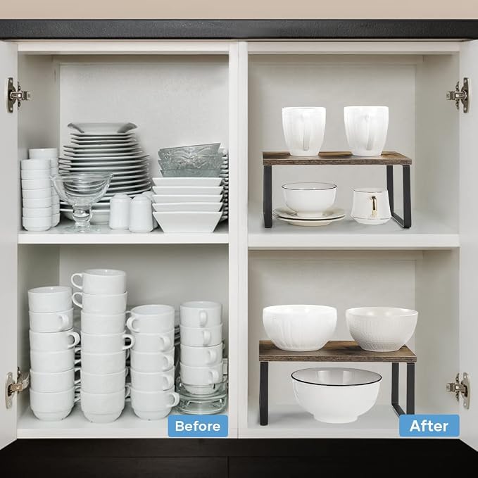 NEX Kitchen Cabinet and Counter Shelf Organizer, Shelf Riser for Pantry Countertop Cupboard Desk Top, Stackable & Expandable, Set of 4, Black and Rustic Brown | Stackable & Expandable Spice Rack, Space-Saving Pantry Organizers Bathroom Countertop Stora... - Image 4
