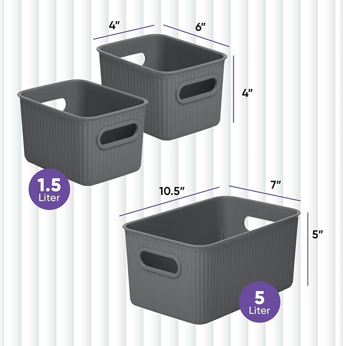 Superio Ribbed Collection - Decorative Plastic Basket Open Home Storage Bins Organizer, Grey (Set of 3) 1 Medium, 2 Small - Container Boxes for Organizing Closet Storage Bins for Shelves Drawer Shelf - Image 2