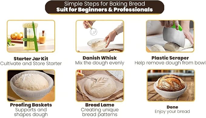 Sourdough starter kit with round and oval proofing baskets, bread sling, fermenter, dough mixer, scraper, mold, complete tool set and bag for complete sourdough bread baking supplies - Image 4