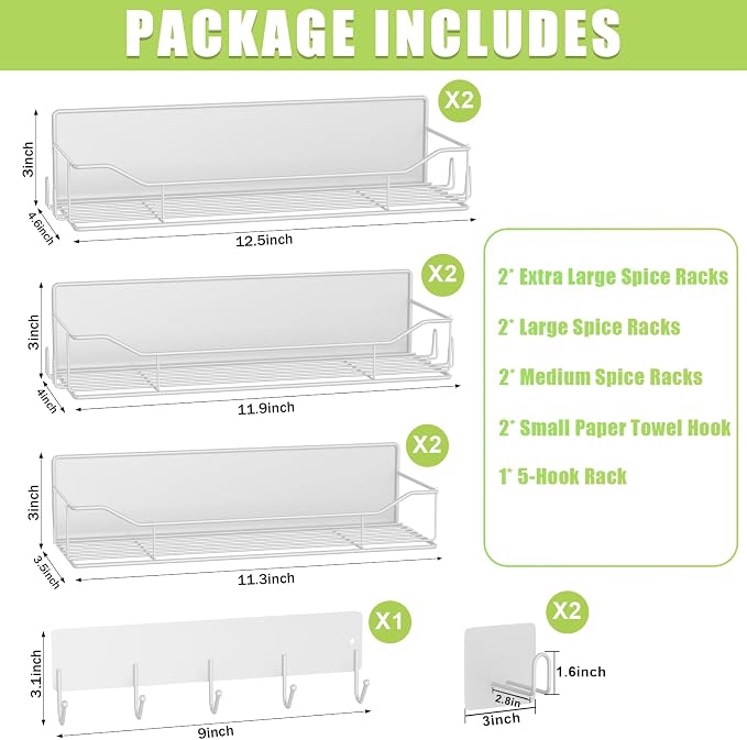 Magnetic Spice Rack for Refrigerator, 9 Pack Magnetic Fridge Shelves W/Adjustable Paper Towel Holder, Hook Rack, Moveable Spice Organizer Shelf for Kitchen Organization and Storage (White) - Image 2