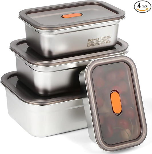 4 Pack Large Stainless Steel Food Storage Containers with Leak-proof Lids 316 Metal Meal Prep Container Lunch Box Freezer Safe Microwave Safe for Meal Prep Bento (41oz, 61oz, 95oz, 128oz) by Ferrochef