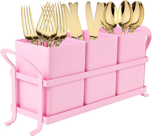 NelyBet Metal Silverware Caddy,3 Compartment Utensil Holder With Metal Rack,Utensil Caddy Flatware Cutlery Organizer for Countertop Party Picnic Camping Outdoor Pink by NelyBet