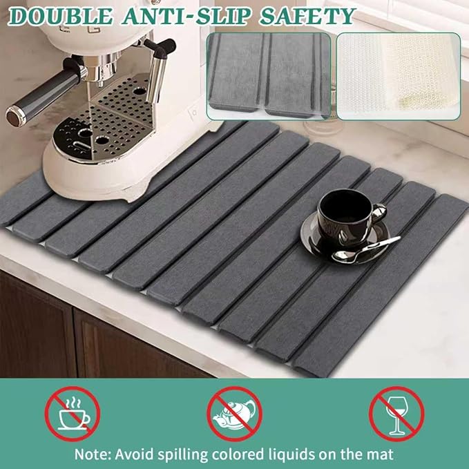 Stone Dish Drying Mat for Kitchen Counter, 24 x 16 Inch(Dark Gray) | Absorbent diatomaceous earth and PVC, folds for compact storage, suitable for dishes, cups, bottles, or a bathroom floor mat - Image 3