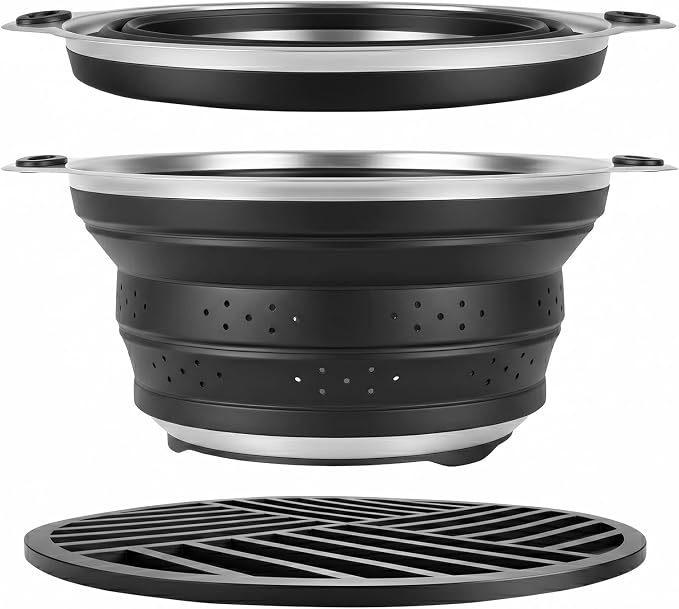 Collapsible Colander Set with Silicone Mat,2-in-1 Stainless Steel Colander for Kitchen, Foldable Metal Colander, Space-Saving for Pasta Veggies Fruit(Black) - Image 9