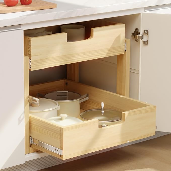 Pull Out Cabinet Organizer, 26''W×21''D Sliding Drawers for Cabinets, 2 Tier Soft Close Slide Out Wooden Pull out Drawers, Base Cabinet Organization for Kitchen, Pantry, Bathroom - Image 2