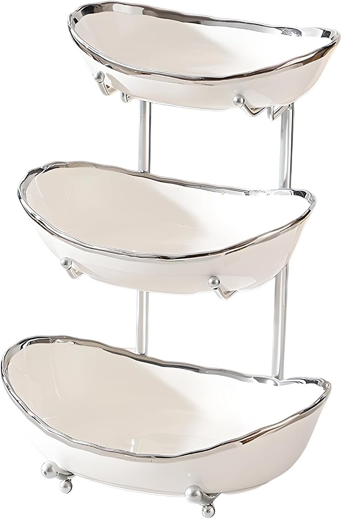XUDREZ 3 Tier Fruit Bowl for Kitchen Counter with Metal Stand, Ceramic White Gold, Tiered Fruit Basket for Nuts, Snacks, Bread, Candy Storage (White B) by XUDREZ