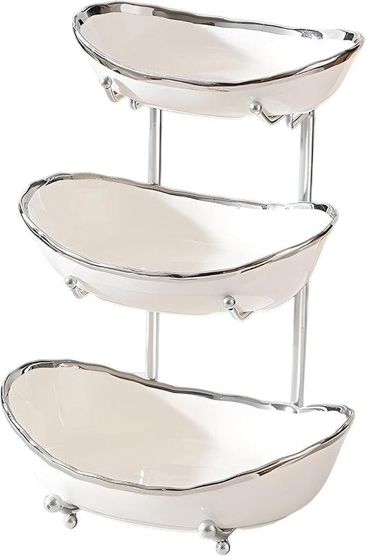 XUDREZ 3 Tier Fruit Bowl for Kitchen Counter with Metal Stand, Ceramic White Gold, Tiered Fruit Basket for Nuts, Snacks, Bread, Candy Storage (White B) by XUDREZ