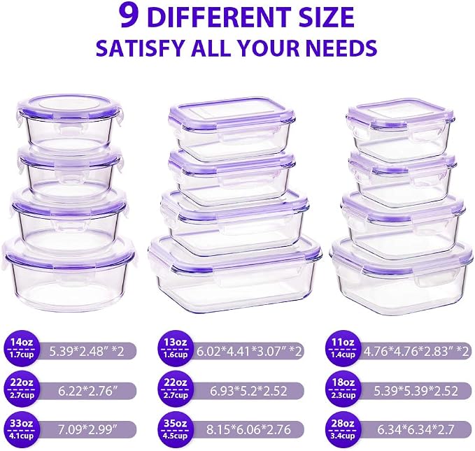 Bayco Glass Food Storage Containers with Lids, [24 Piece] Meal Prep Containers, Airtight Bento Boxes, Leak Proof (12 lids & 12 Containers) - Purple - Image 2