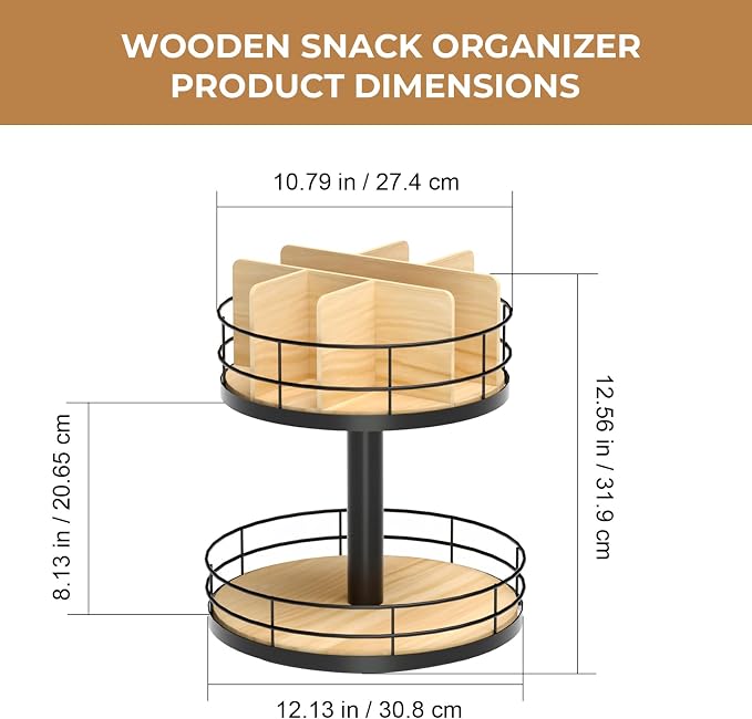 Snack Organizer - Versatile Snack Storage 2 Tier Lazy Susan with Convenient Grab-and-Go Design, Wood and Metal Snack Holder for Home, Office, Breakroom, 12.13" L x 12.13" W x 12.56" H - Image 3